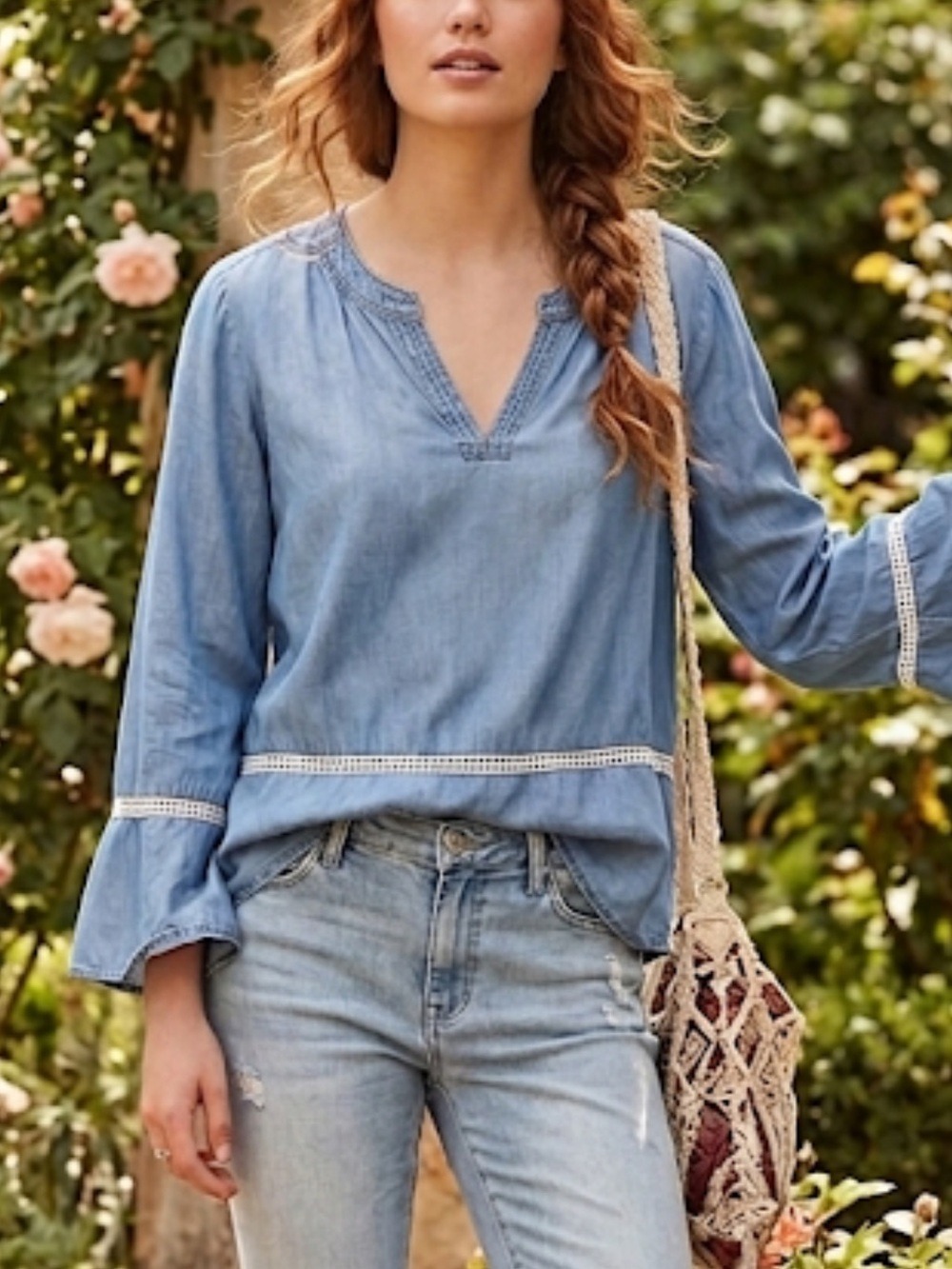Fourteenth Place Light Blue Chambray Peasant Top Crochet Trim Sz XXL
Boho
